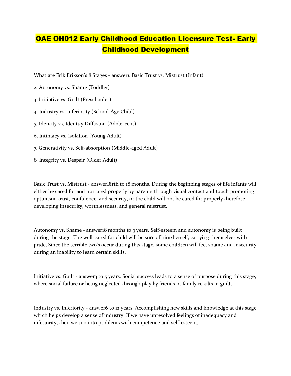 Preview of OAE OH012 Early Childhood Education Licensure Test- Early Childhood Development
